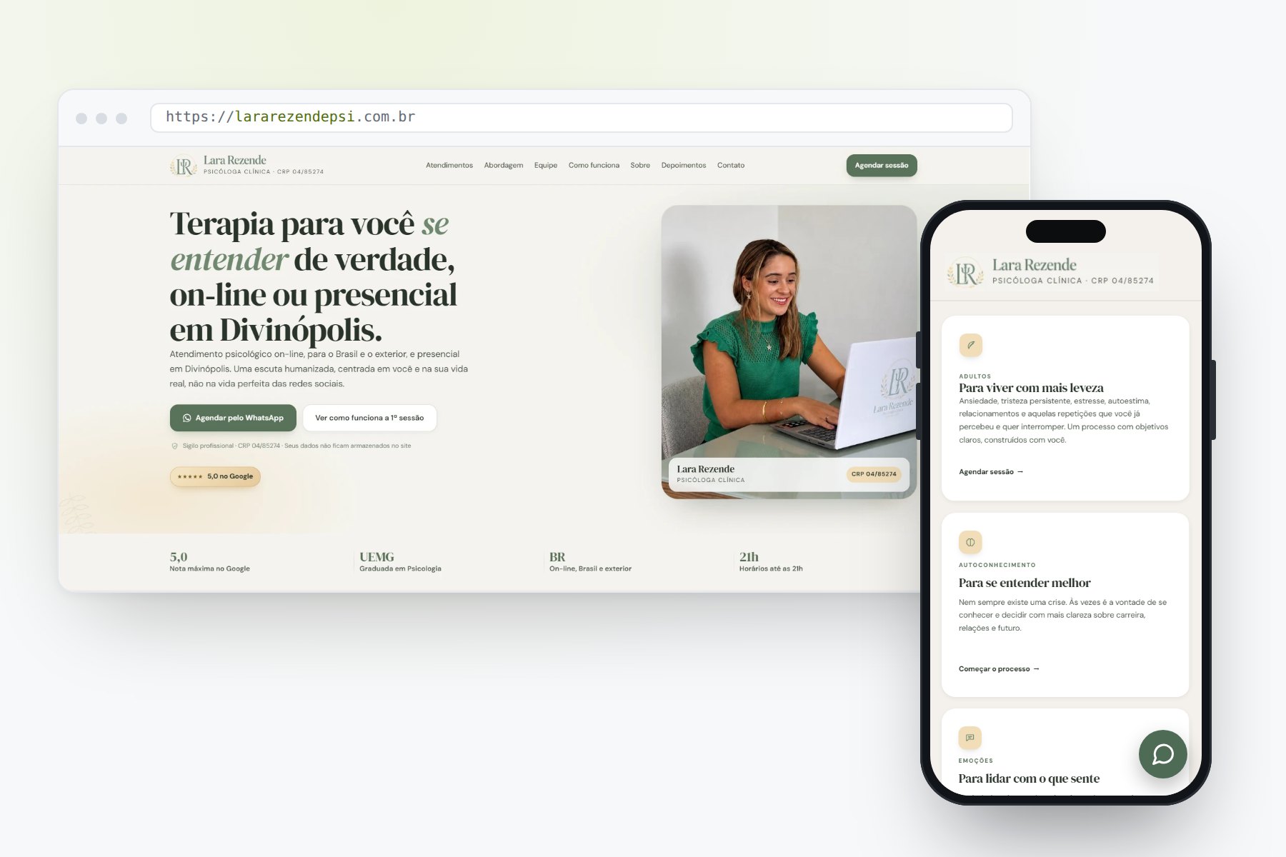 Site da psicóloga Lara Rezende aberto no computador e no celular